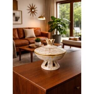 MCM Royal Hager Gold Tweed Flying Saucer Covered Dish